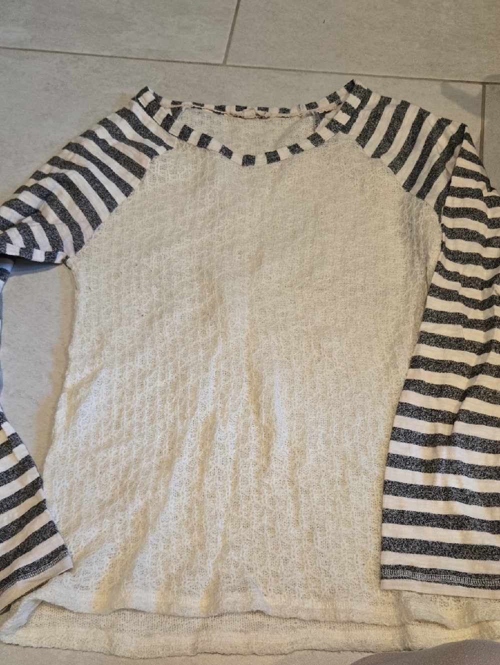 Hem & Thread Cream Knit Top with Grey Striped Sleeves